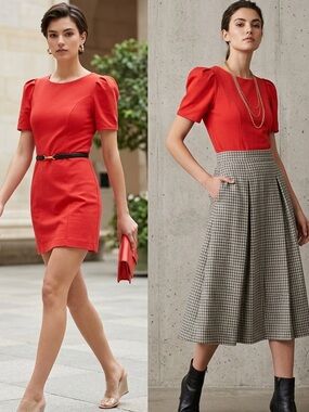Y2K Twentyone Red Puff Sleeve Mini Dress - Structured Bodycon Scoop Neck - M